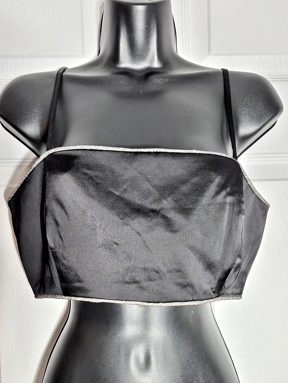 Satin Rachel Zoe Pewter Rhinestone Trim Crop Top in Black Size 6/medium  NWT